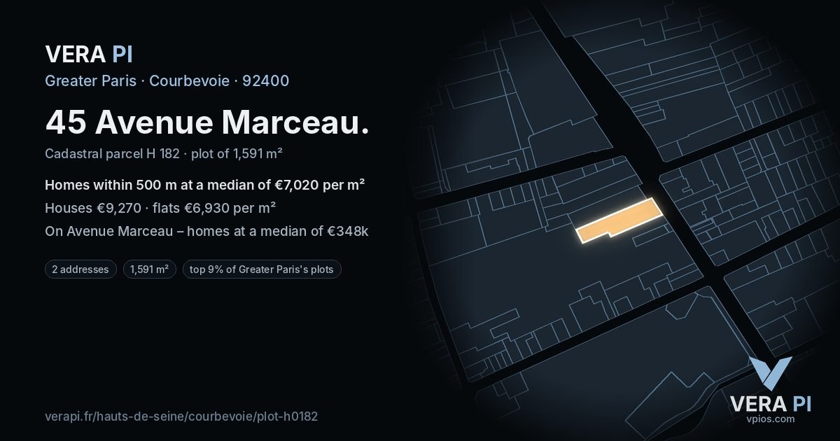 45 Avenue Marceau, Courbevoie at night – the plot lit, the parcels around coloured by the prices near them