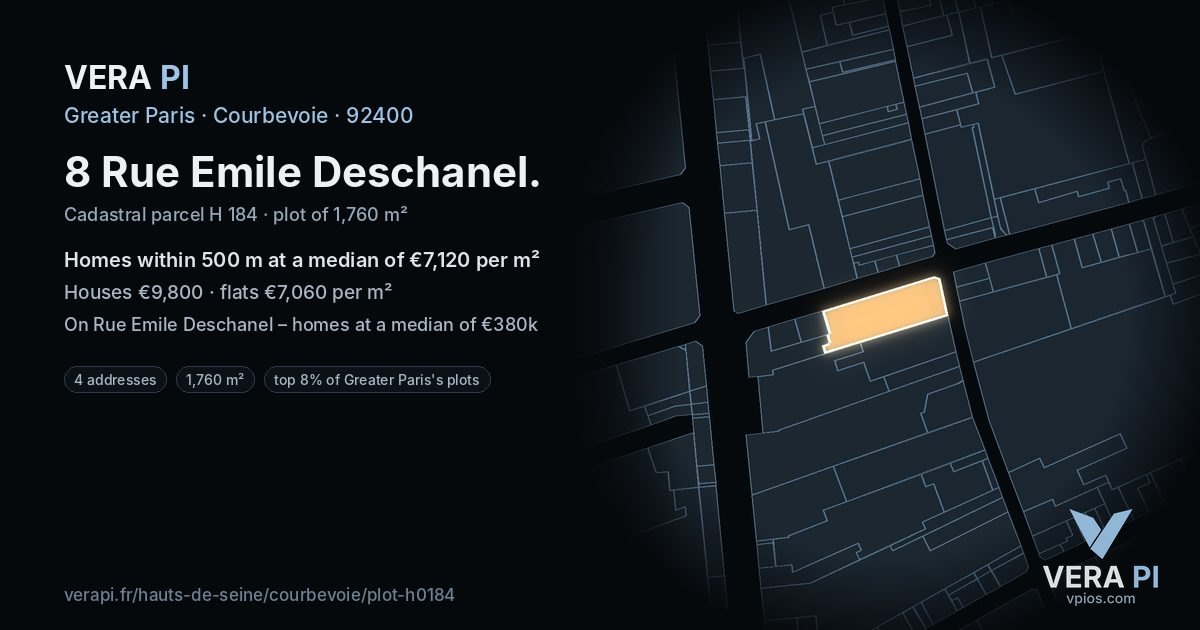8 Rue Emile Deschanel, Courbevoie at night – the plot lit, the parcels around coloured by the prices near them
