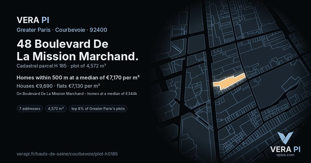 48 Boulevard De La Mission Marchand, Courbevoie at night – the plot lit, the parcels around coloured by the prices near them