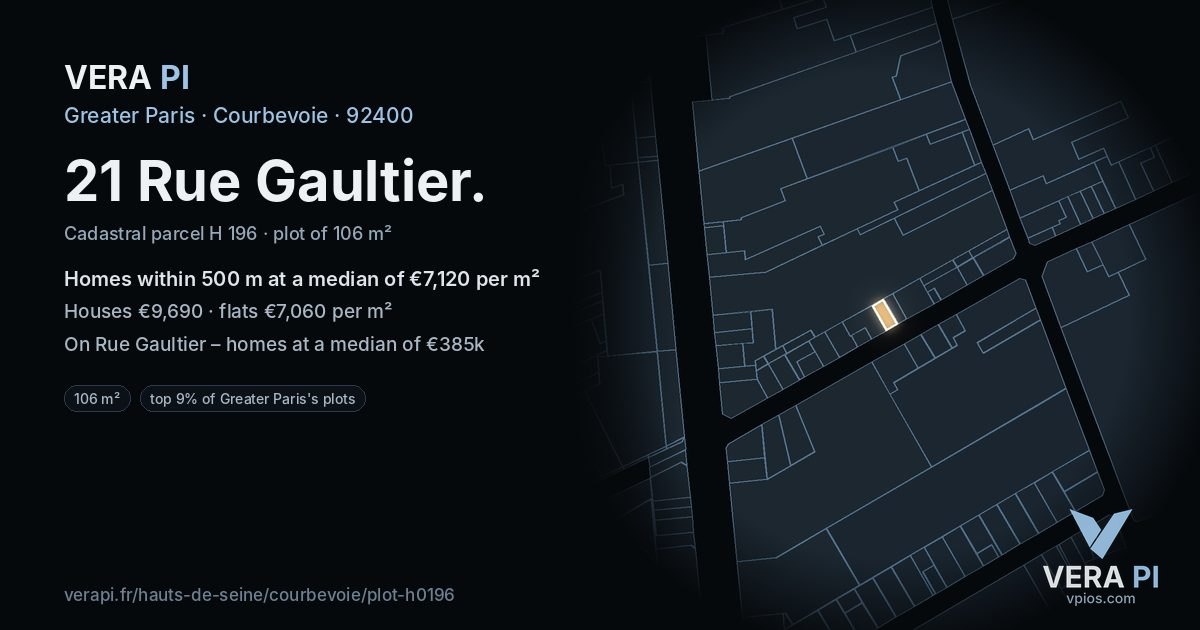 21 Rue Gaultier, Courbevoie at night – the plot lit, the parcels around coloured by the prices near them