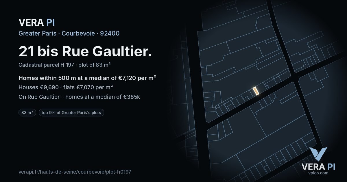21 bis Rue Gaultier, Courbevoie at night – the plot lit, the parcels around coloured by the prices near them