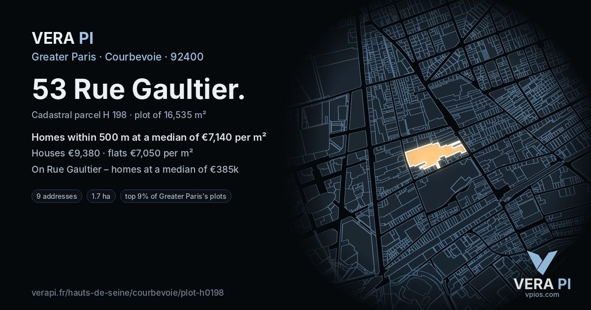53 Rue Gaultier, Courbevoie at night – the plot lit, the parcels around coloured by the prices near them