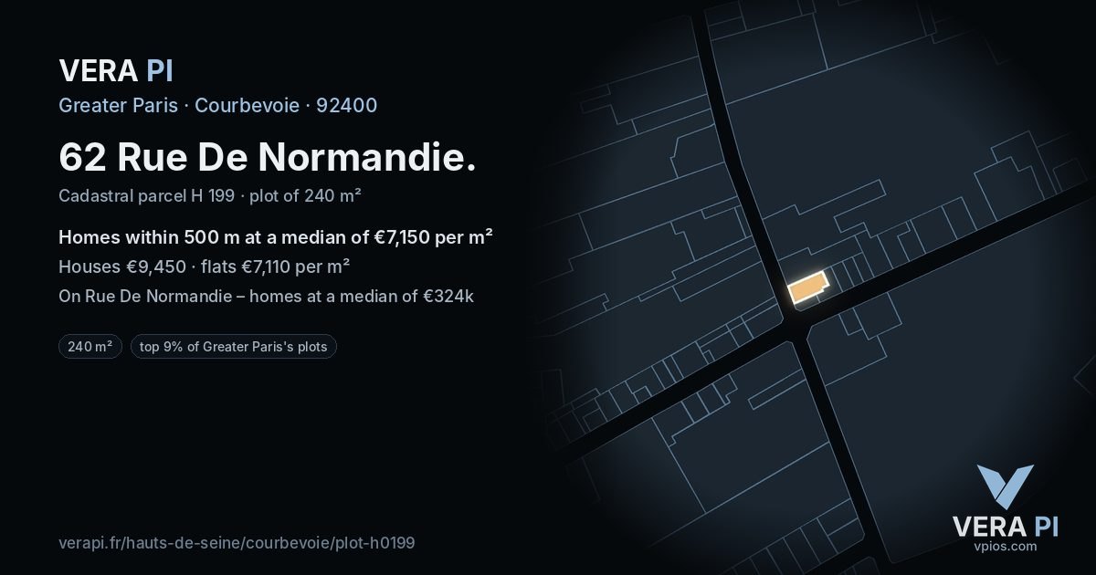 62 Rue De Normandie, Courbevoie at night – the plot lit, the parcels around coloured by the prices near them