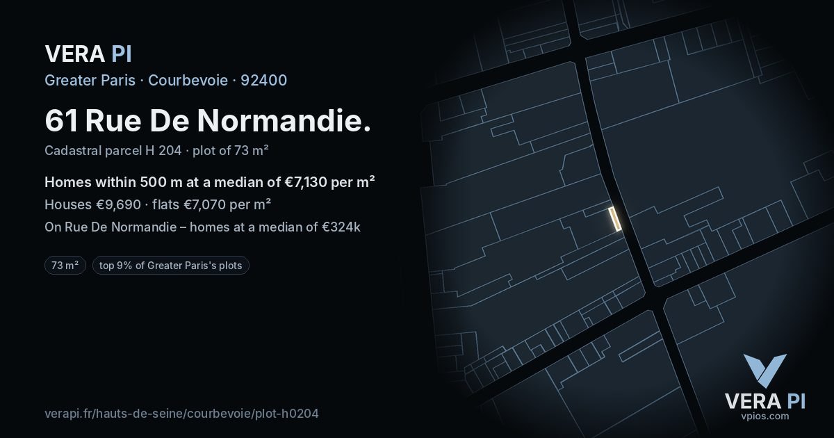 61 Rue De Normandie, Courbevoie at night – the plot lit, the parcels around coloured by the prices near them