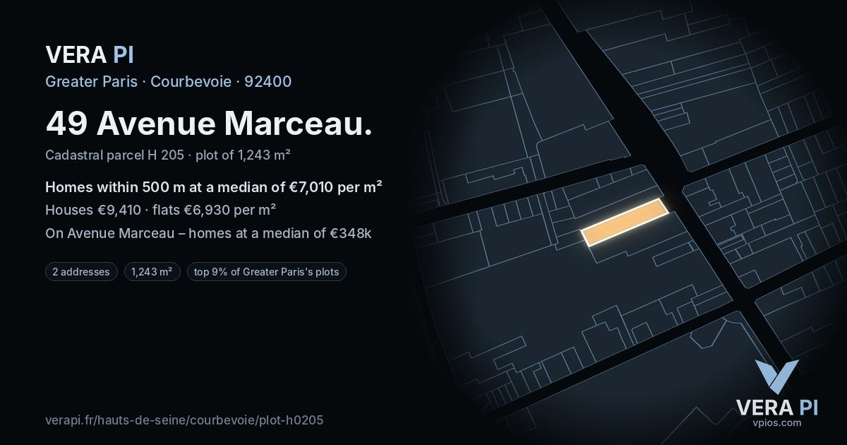 49 Avenue Marceau, Courbevoie at night – the plot lit, the parcels around coloured by the prices near them