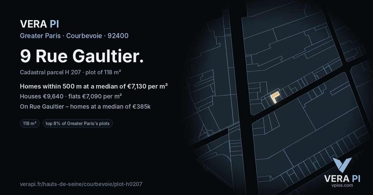 9 Rue Gaultier, Courbevoie at night – the plot lit, the parcels around coloured by the prices near them