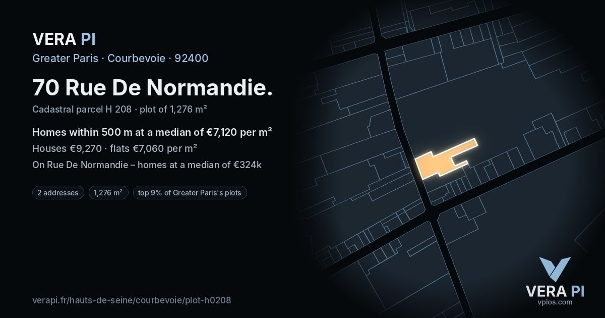 70 Rue De Normandie, Courbevoie at night – the plot lit, the parcels around coloured by the prices near them