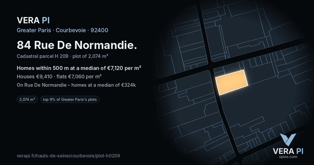 84 Rue De Normandie, Courbevoie at night – the plot lit, the parcels around coloured by the prices near them