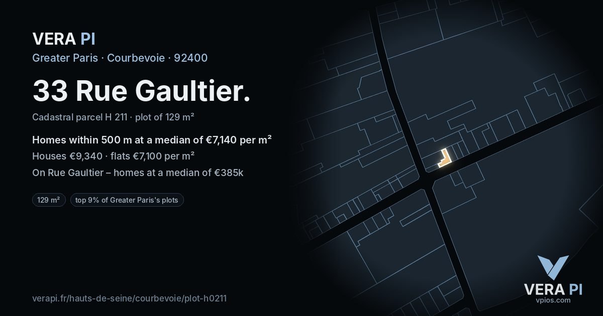 33 Rue Gaultier, Courbevoie at night – the plot lit, the parcels around coloured by the prices near them