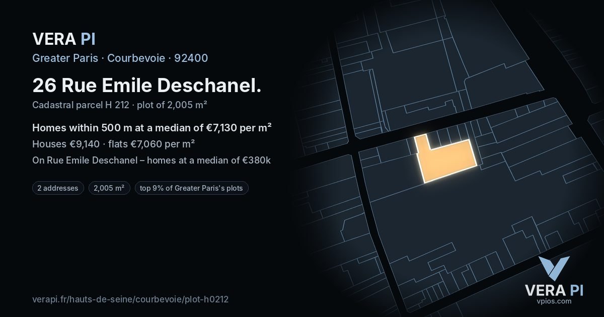 26 Rue Emile Deschanel, Courbevoie at night – the plot lit, the parcels around coloured by the prices near them