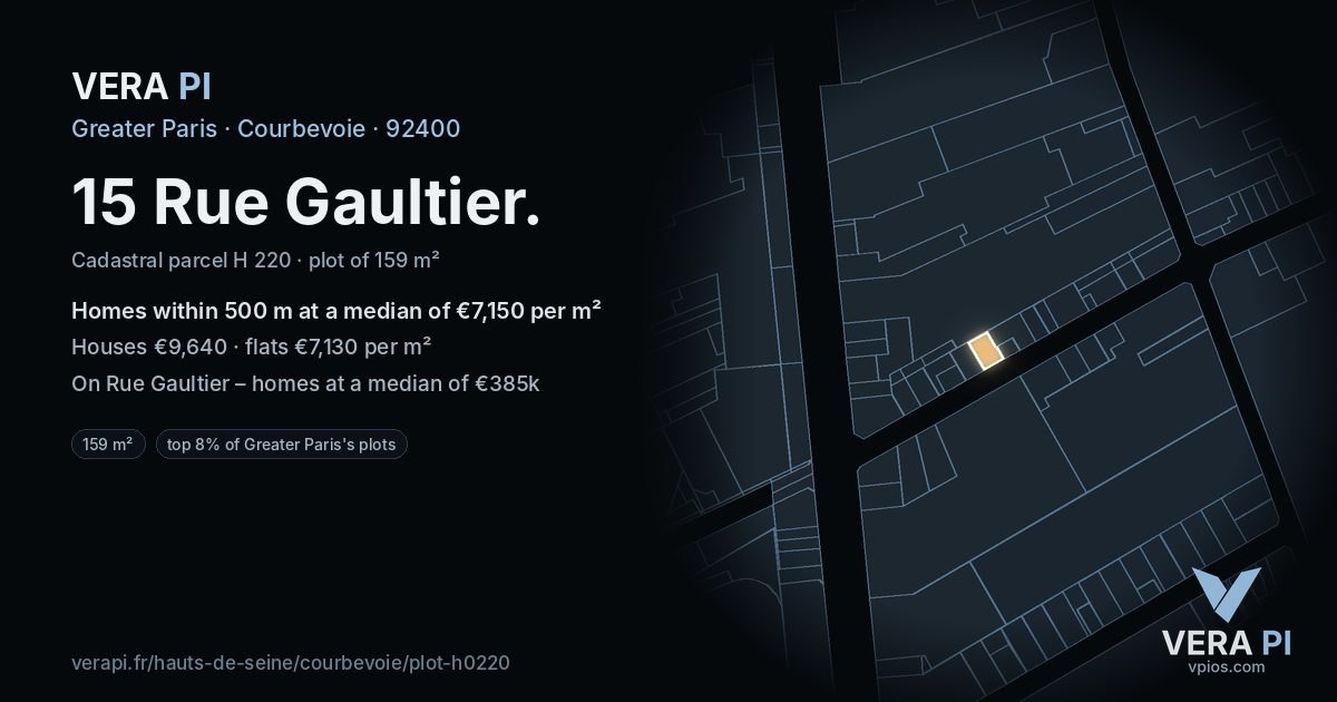 15 Rue Gaultier, Courbevoie at night – the plot lit, the parcels around coloured by the prices near them