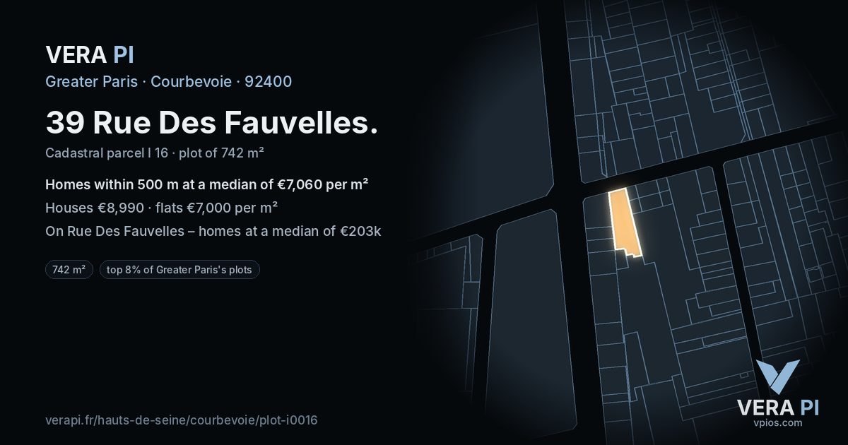 39 Rue Des Fauvelles, Courbevoie at night – the plot lit, the parcels around coloured by the prices near them