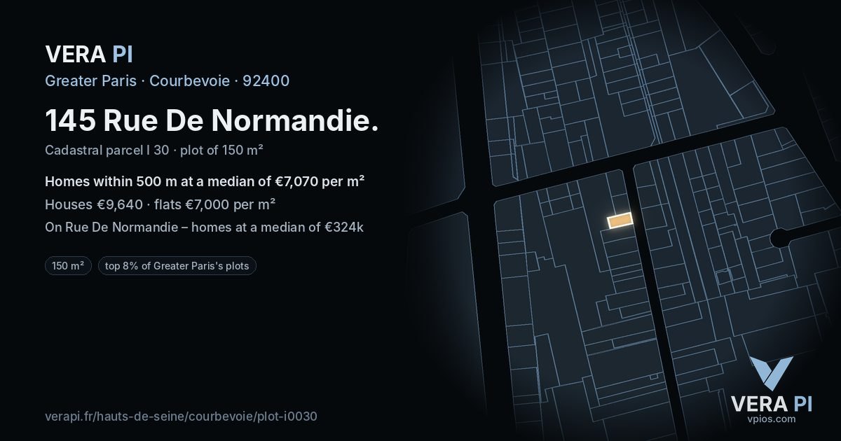 145 Rue De Normandie, Courbevoie at night – the plot lit, the parcels around coloured by the prices near them