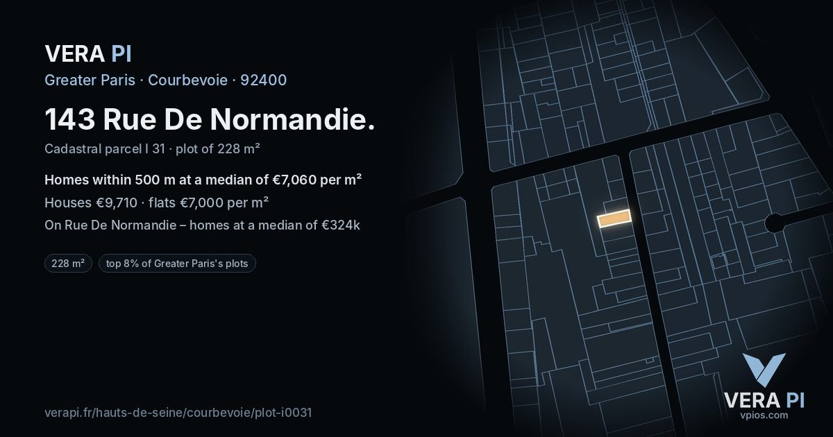 143 Rue De Normandie, Courbevoie at night – the plot lit, the parcels around coloured by the prices near them