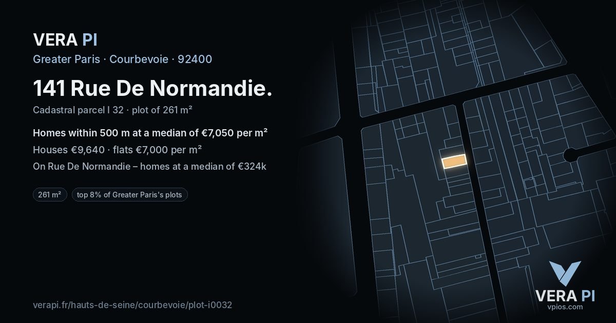 141 Rue De Normandie, Courbevoie at night – the plot lit, the parcels around coloured by the prices near them