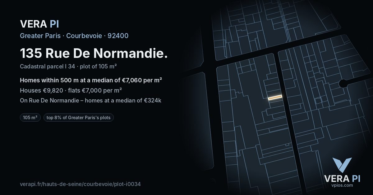 135 Rue De Normandie, Courbevoie at night – the plot lit, the parcels around coloured by the prices near them