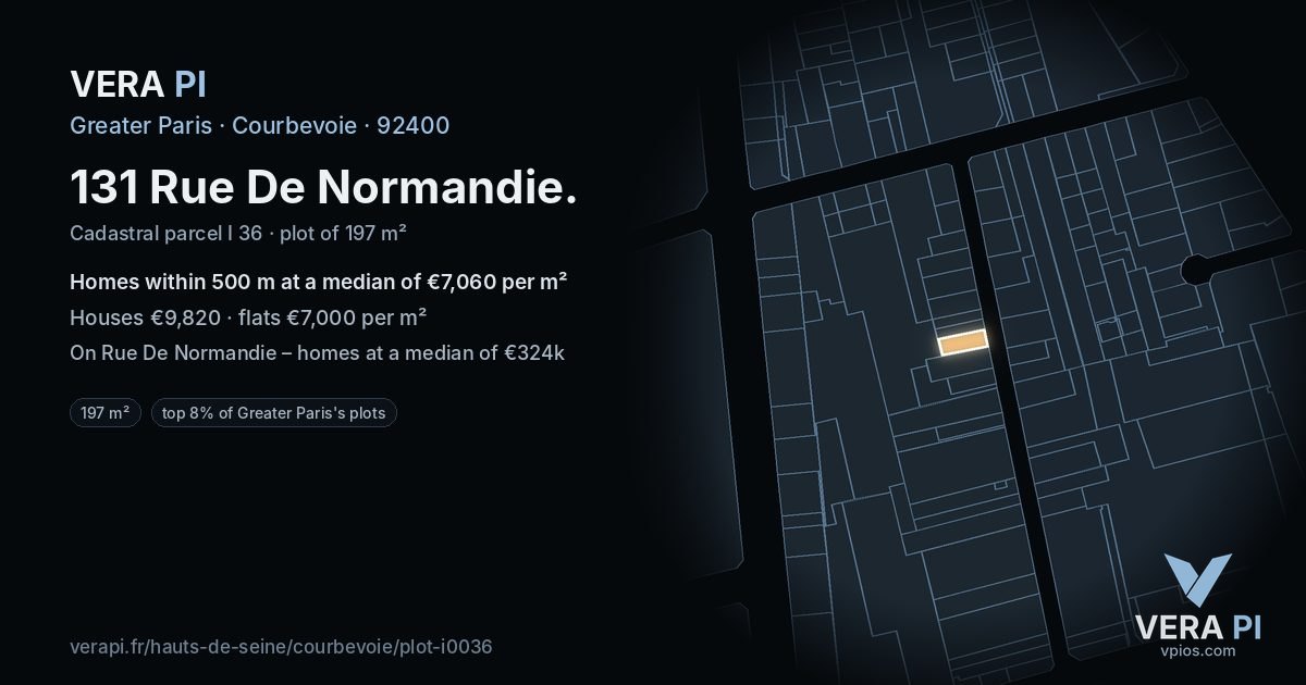 131 Rue De Normandie, Courbevoie at night – the plot lit, the parcels around coloured by the prices near them