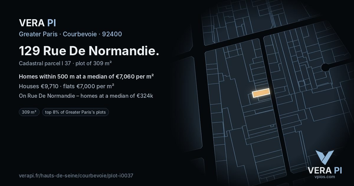 129 Rue De Normandie, Courbevoie at night – the plot lit, the parcels around coloured by the prices near them