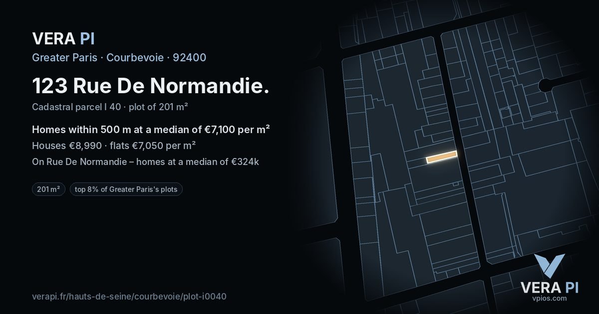 123 Rue De Normandie, Courbevoie at night – the plot lit, the parcels around coloured by the prices near them
