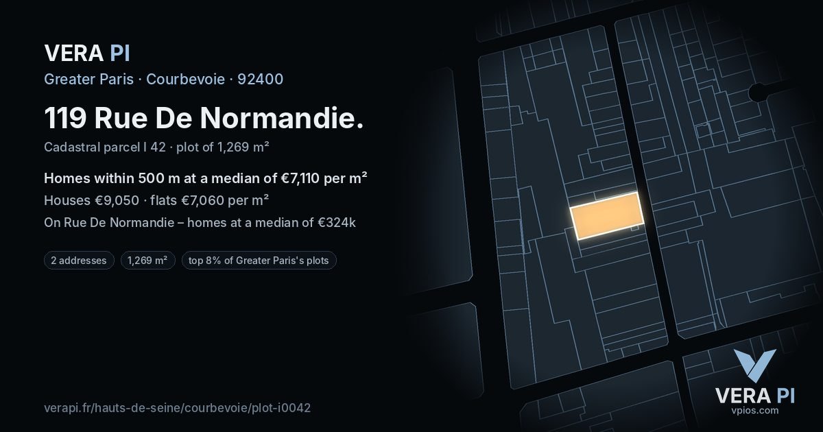 119 Rue De Normandie, Courbevoie at night – the plot lit, the parcels around coloured by the prices near them