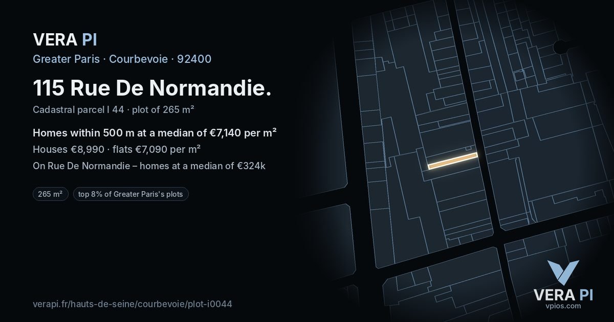 115 Rue De Normandie, Courbevoie at night – the plot lit, the parcels around coloured by the prices near them