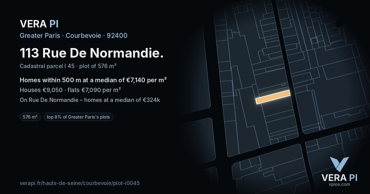 113 Rue De Normandie, Courbevoie at night – the plot lit, the parcels around coloured by the prices near them