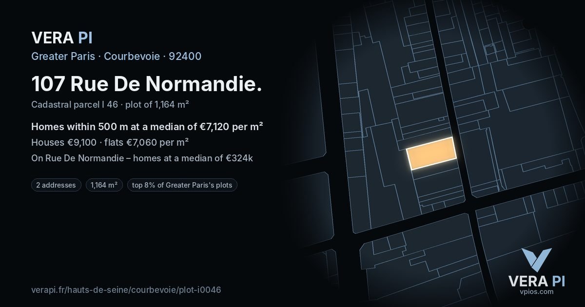 107 Rue De Normandie, Courbevoie at night – the plot lit, the parcels around coloured by the prices near them