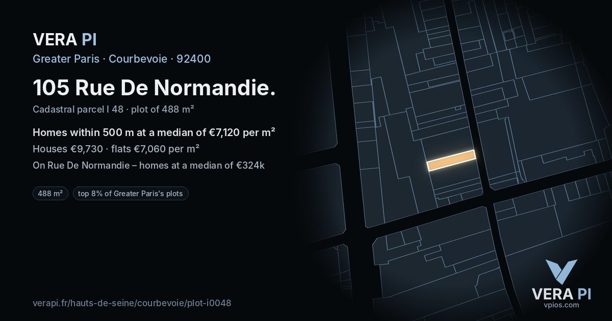 105 Rue De Normandie, Courbevoie at night – the plot lit, the parcels around coloured by the prices near them