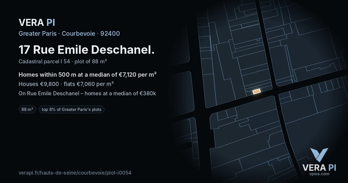17 Rue Emile Deschanel, Courbevoie at night – the plot lit, the parcels around coloured by the prices near them
