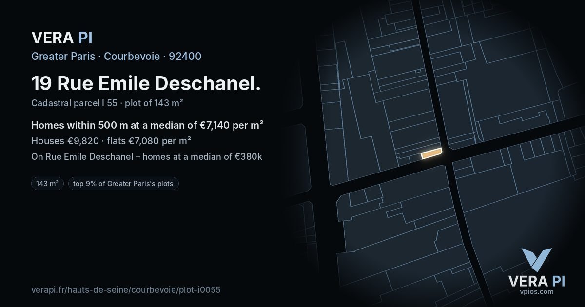 19 Rue Emile Deschanel, Courbevoie at night – the plot lit, the parcels around coloured by the prices near them