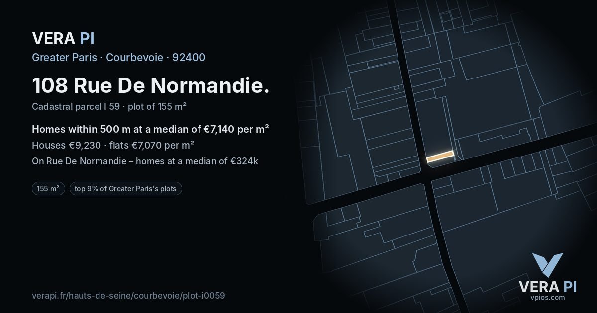 108 Rue De Normandie, Courbevoie at night – the plot lit, the parcels around coloured by the prices near them