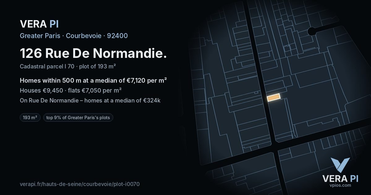 126 Rue De Normandie, Courbevoie at night – the plot lit, the parcels around coloured by the prices near them