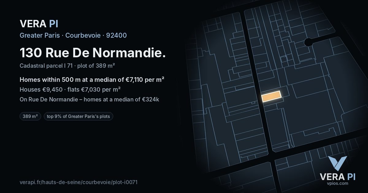 130 Rue De Normandie, Courbevoie at night – the plot lit, the parcels around coloured by the prices near them