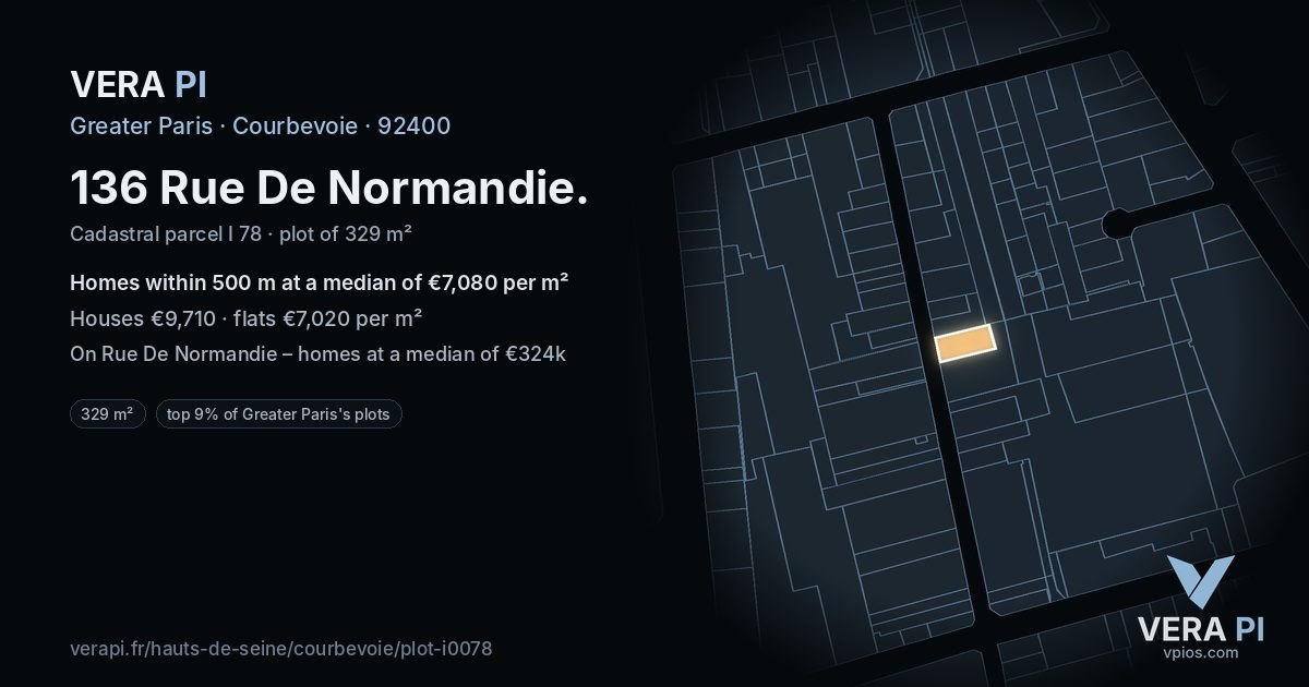 136 Rue De Normandie, Courbevoie at night – the plot lit, the parcels around coloured by the prices near them