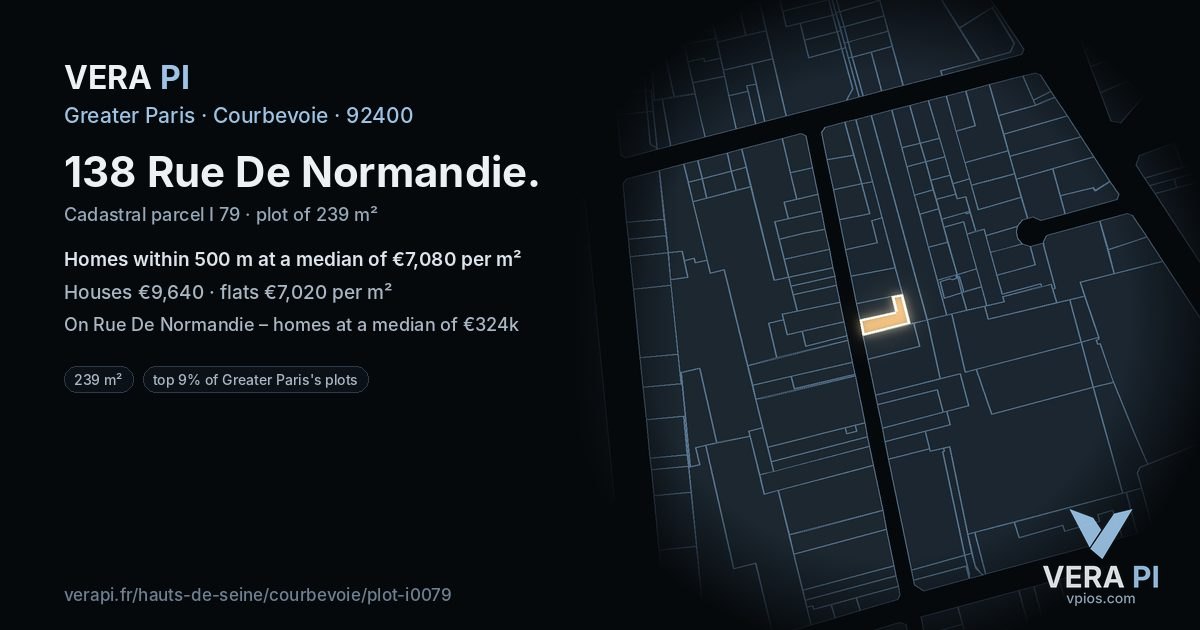 138 Rue De Normandie, Courbevoie at night – the plot lit, the parcels around coloured by the prices near them