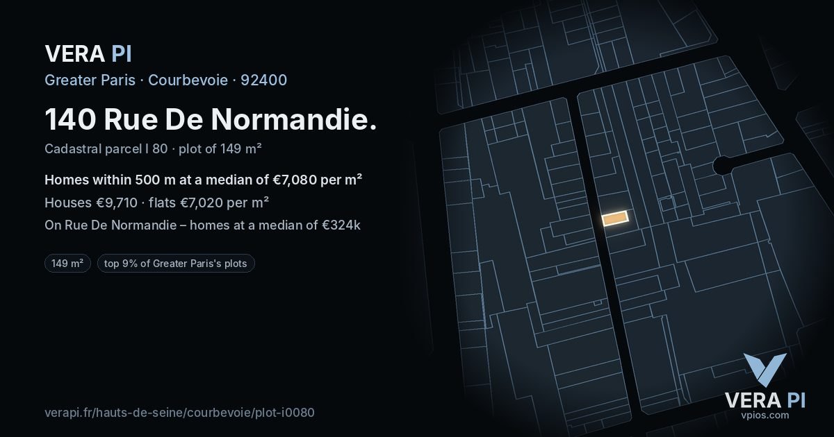 140 Rue De Normandie, Courbevoie at night – the plot lit, the parcels around coloured by the prices near them