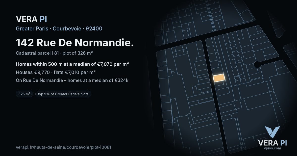 142 Rue De Normandie, Courbevoie at night – the plot lit, the parcels around coloured by the prices near them