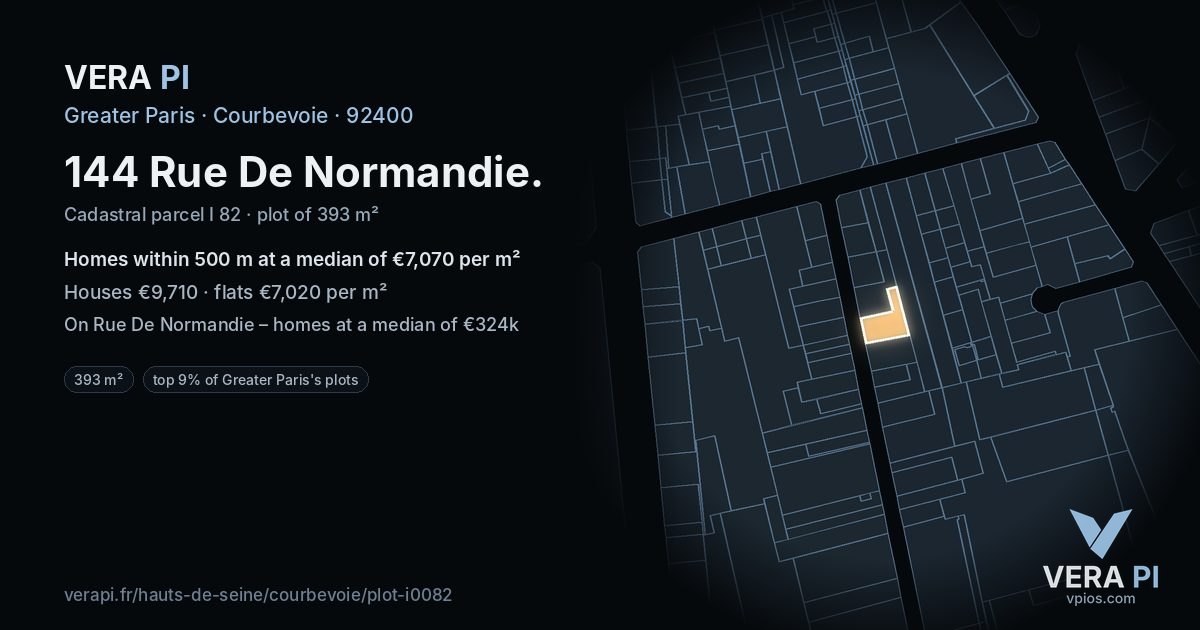 144 Rue De Normandie, Courbevoie at night – the plot lit, the parcels around coloured by the prices near them