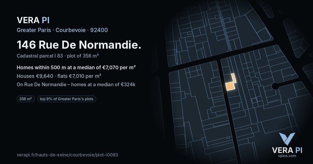 146 Rue De Normandie, Courbevoie at night – the plot lit, the parcels around coloured by the prices near them