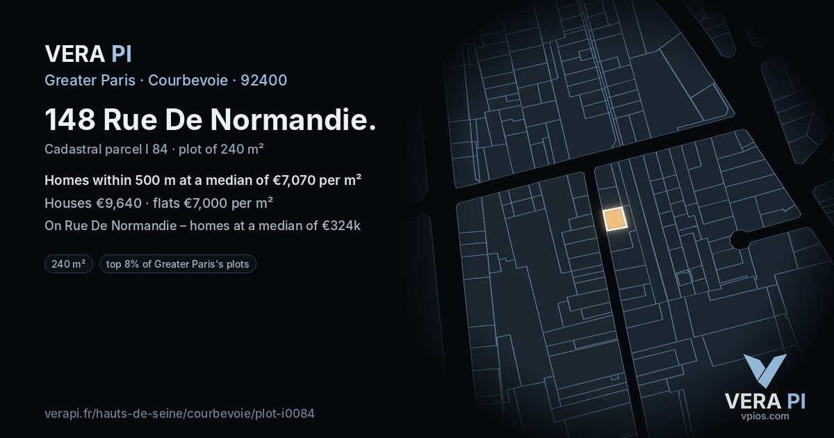 148 Rue De Normandie, Courbevoie at night – the plot lit, the parcels around coloured by the prices near them