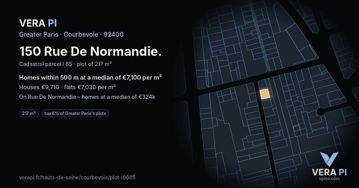 150 Rue De Normandie, Courbevoie at night – the plot lit, the parcels around coloured by the prices near them
