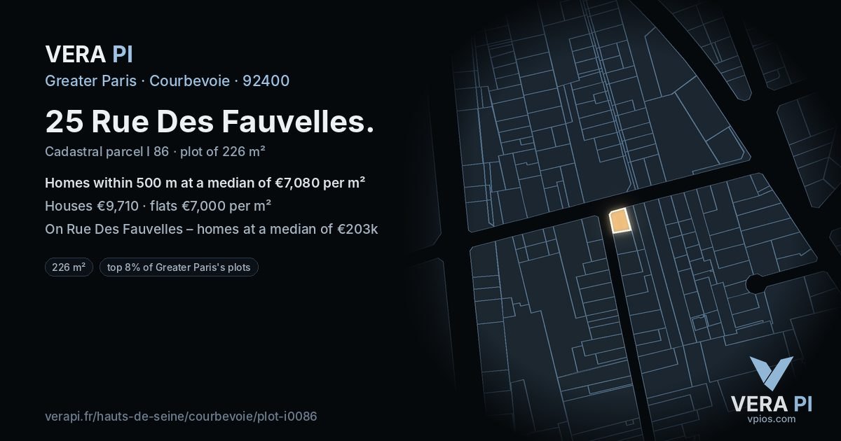 25 Rue Des Fauvelles, Courbevoie at night – the plot lit, the parcels around coloured by the prices near them