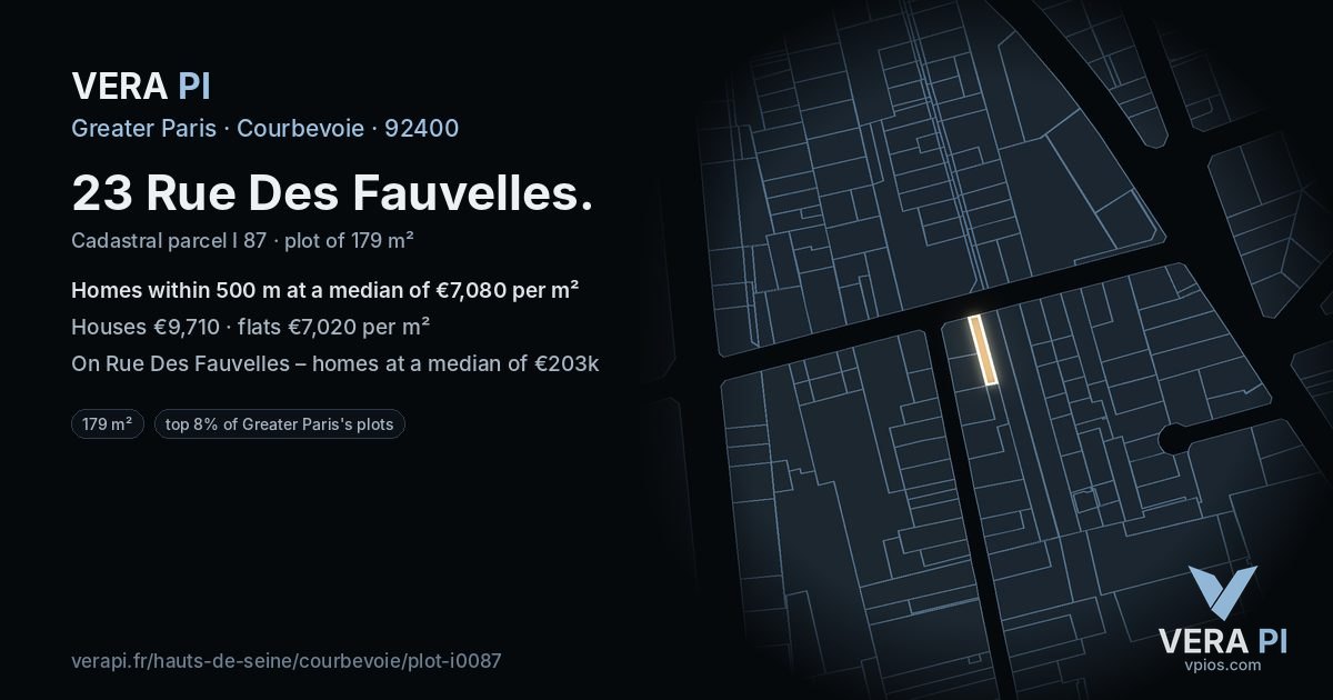 23 Rue Des Fauvelles, Courbevoie at night – the plot lit, the parcels around coloured by the prices near them