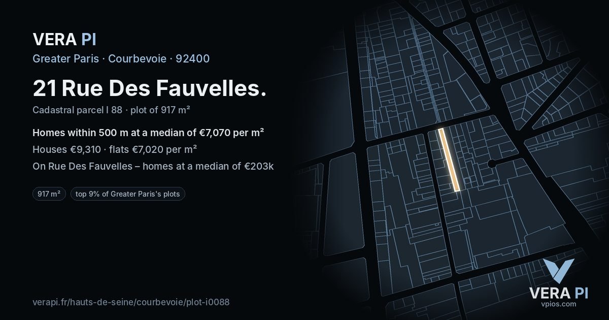21 Rue Des Fauvelles, Courbevoie at night – the plot lit, the parcels around coloured by the prices near them
