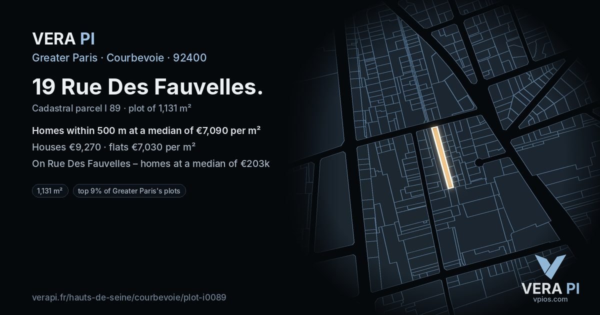19 Rue Des Fauvelles, Courbevoie at night – the plot lit, the parcels around coloured by the prices near them