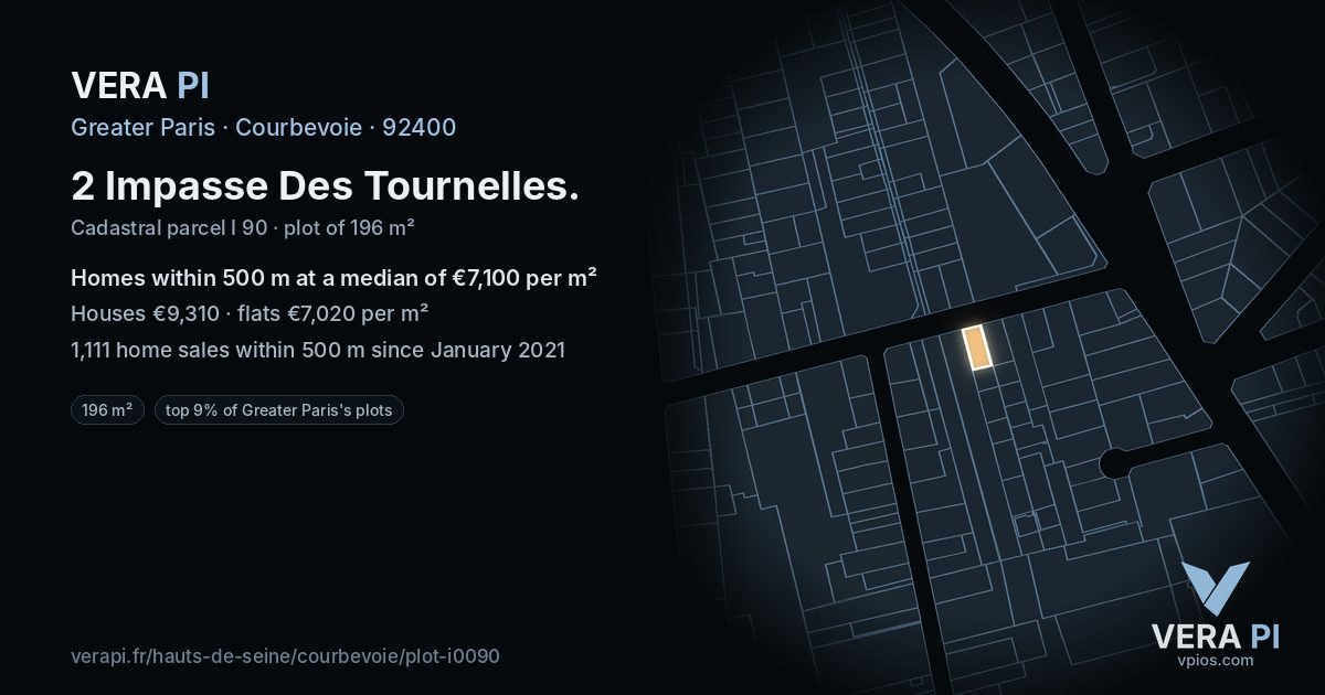 2 Impasse Des Tournelles, Courbevoie at night – the plot lit, the parcels around coloured by the prices near them