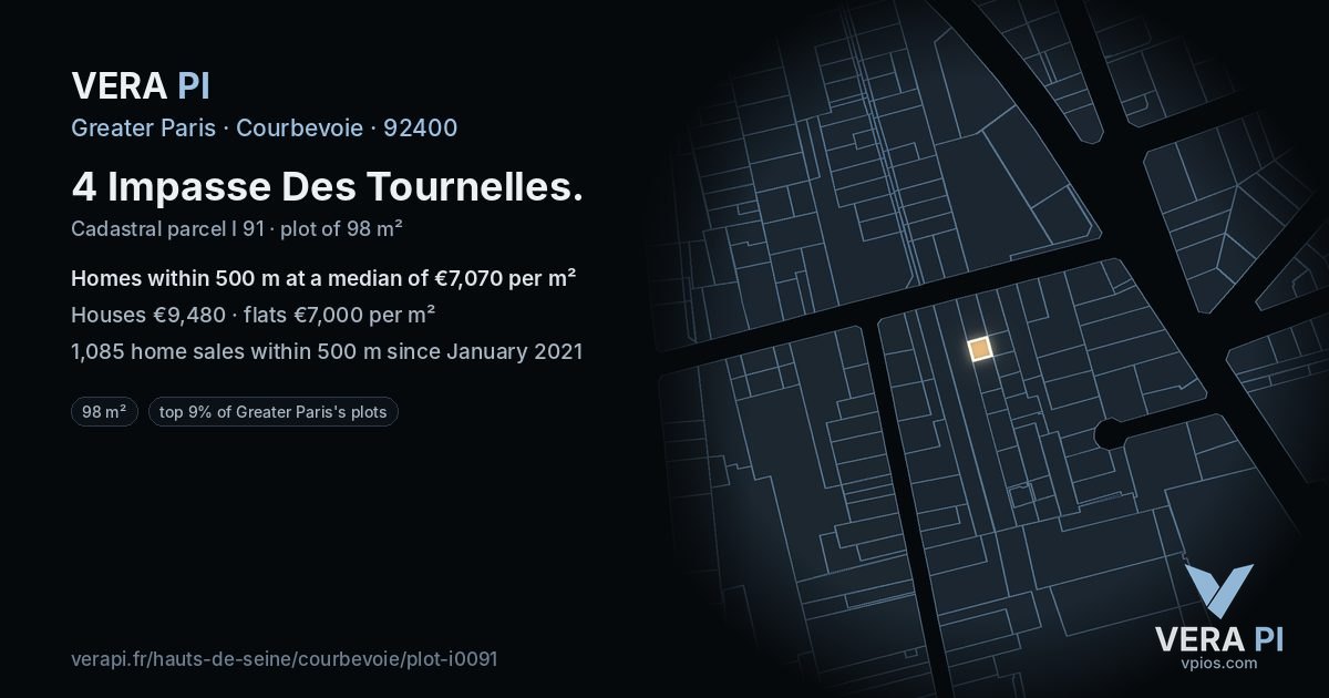 4 Impasse Des Tournelles, Courbevoie at night – the plot lit, the parcels around coloured by the prices near them