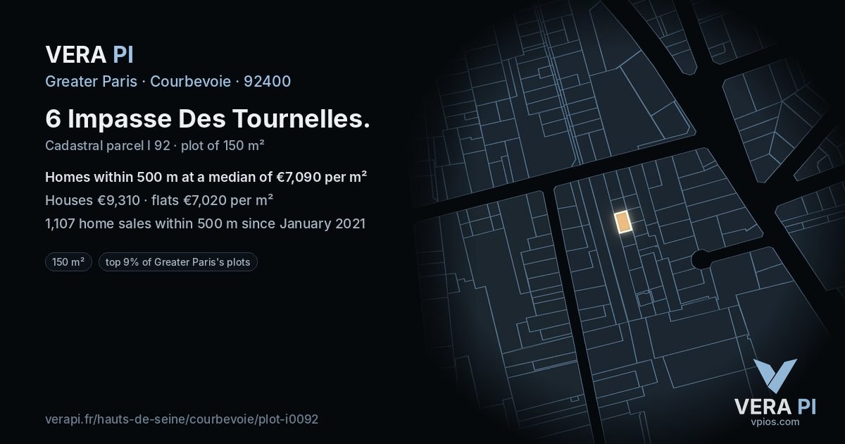 6 Impasse Des Tournelles, Courbevoie at night – the plot lit, the parcels around coloured by the prices near them