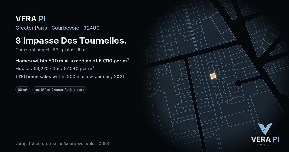8 Impasse Des Tournelles, Courbevoie at night – the plot lit, the parcels around coloured by the prices near them
