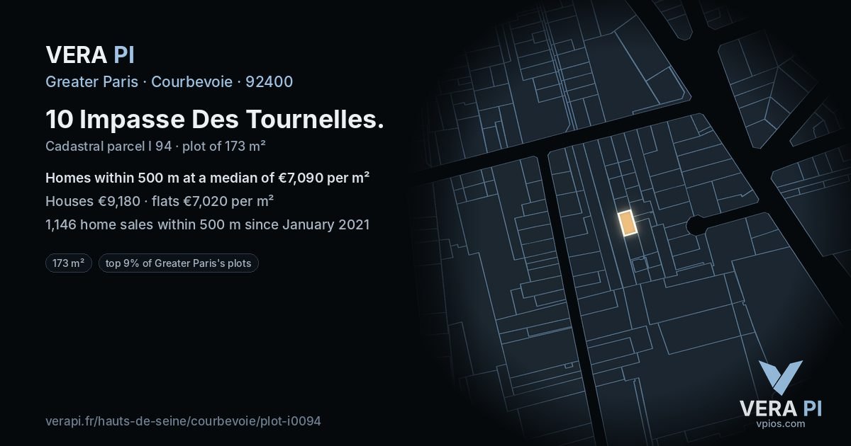 10 Impasse Des Tournelles, Courbevoie at night – the plot lit, the parcels around coloured by the prices near them